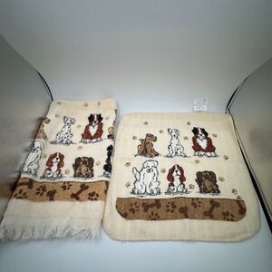 Vintage Cecil Saydah Puppy Dog Hand Towel Washcloth Set Cream Cotton 90s Decor